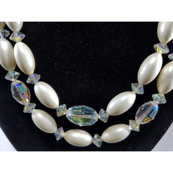 Vintage Austrian Crystal Necklace Double Strand Lucite Beads 1950s Wedding - Picture 3 of 10